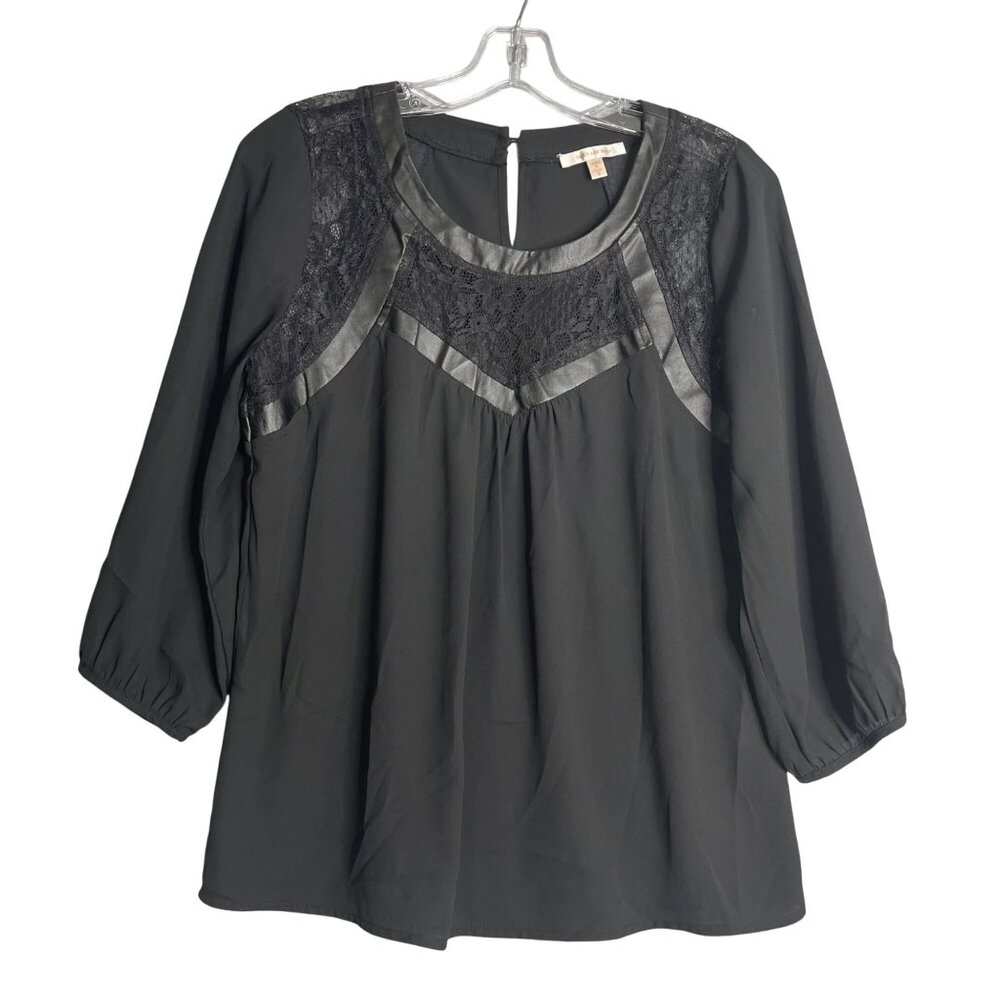 Skies Are‎ Blue Spooner Faux Leather Trim Blouse Womens S Black Lace Panel Chic